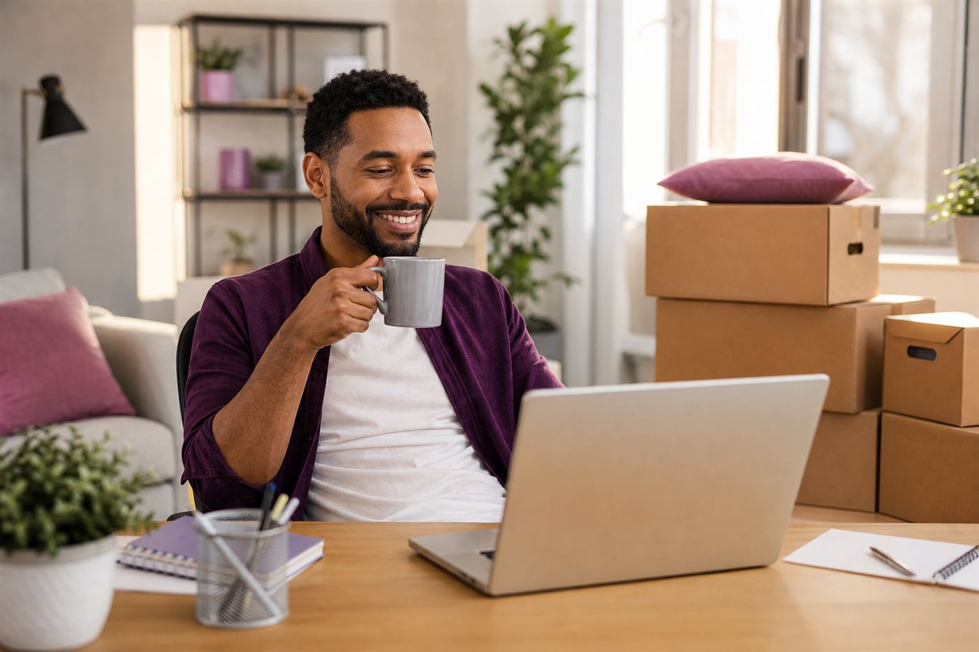 Relaxed man drinking coffee while his WordPress site migrates to Voilex